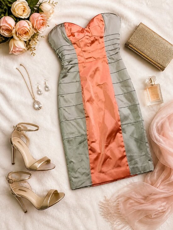 bebe Dresses & Skirts - Bebe Strapless Colorblock Bodycon Dress Orange & Beige Size XS
